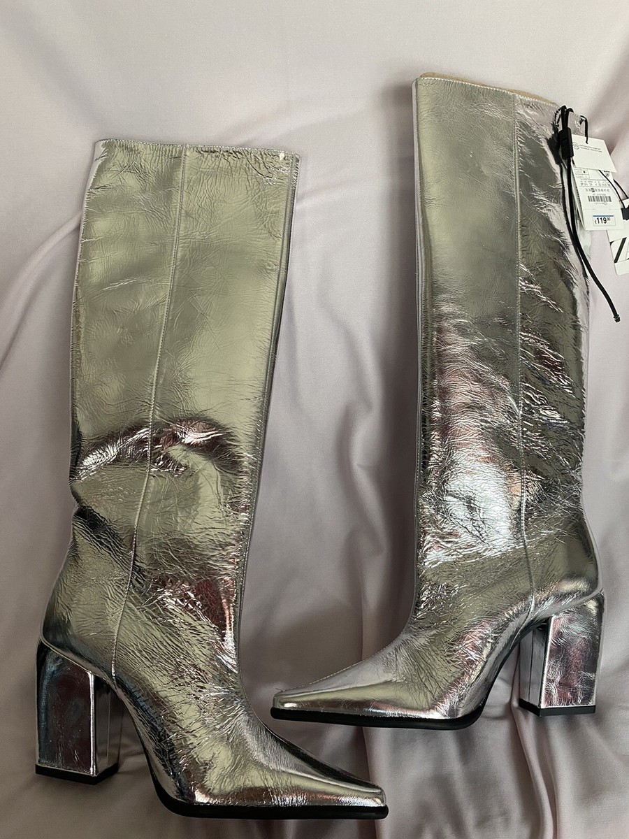 ZARA BLOCK HEEL KNEE HIGH BOOTS SILVER Metallic SIZE USA 6.5