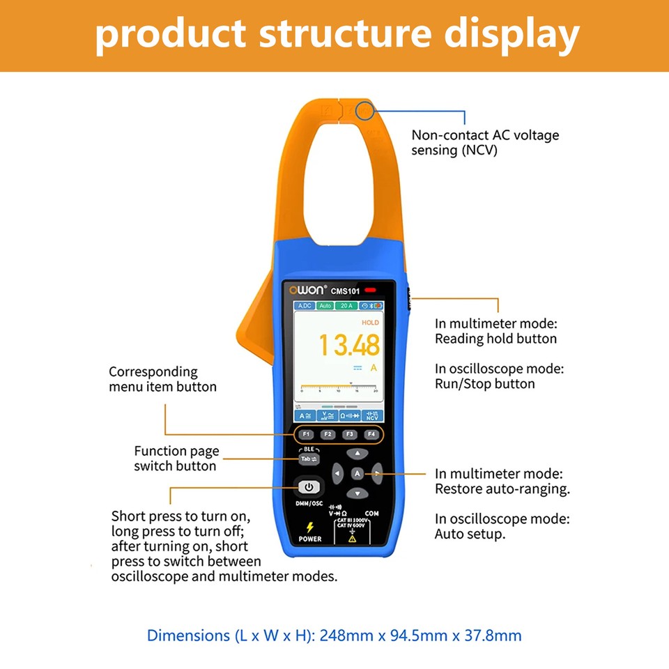 Owon CMS101 1000A AC/DC Clamp Meter 1MHz Oscilloscope True RMS NCV ...