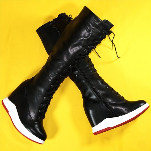 Thigh High Fashion Sneakers Women's Lace Up Leather Wedge High Heels Snow Boots - Picture 37 of 47