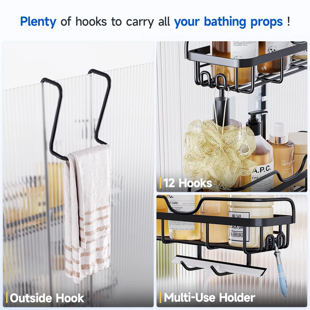 Shower Caddy Over the Door Organizer: Bath Rack Hanging Over Glass with Hooks...