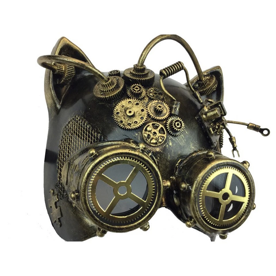 Máscara facial feminina dourada cosplay gato steampunk Halloween com óculos, tamanho único 7 polegadas - Imagem 2 de 3
