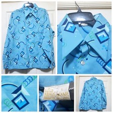 Vintage Sears Kings Road Shirt Mens Large Blue Abstract Art 70s Club Disco Ugly
