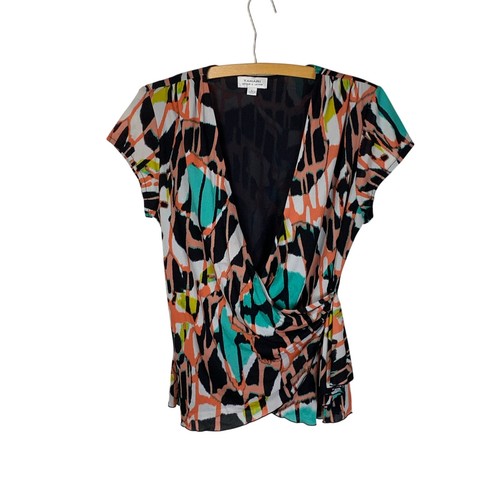 Tahari Coral & Mint Green Faux Wrap Colorblock Blouse Office Blouse - Size L NWT - Picture 1 of 6