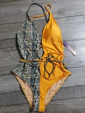 Women's One Piece Plunge Skinny Straps Swimsuit Criss Cross Tie Knot Front Sz S