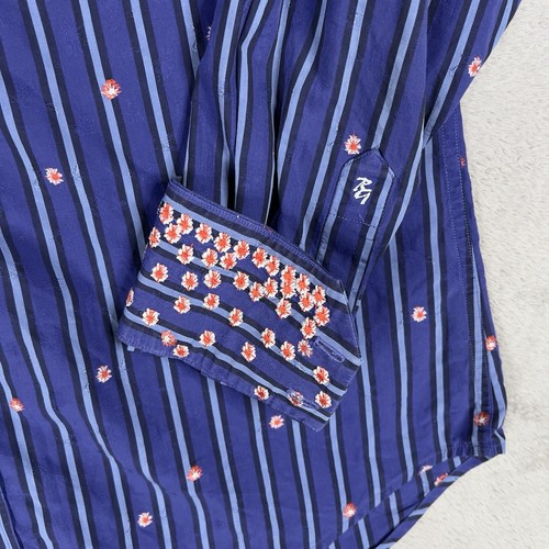 Robert Graham Hibiscus Flower Flip Cuff Button Up Shirt Men's Large Blue Striped - Picture 5 of 14