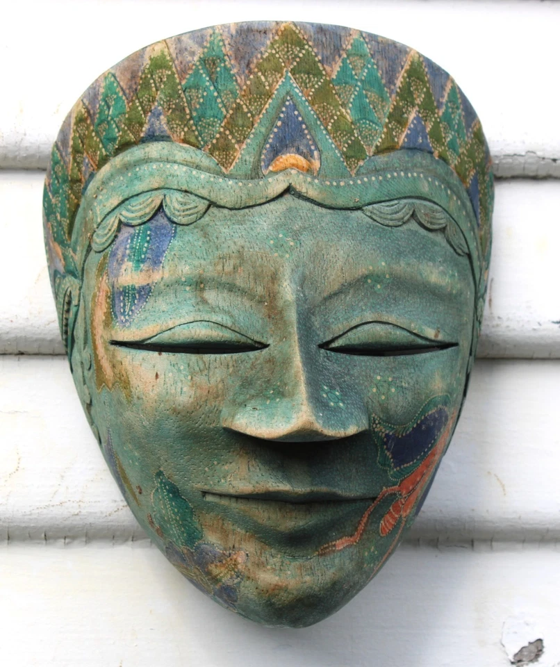 Máscara de madera tallada a mano Topeng Batik original de colección danza indonesia arte Java Foto 2 de 4