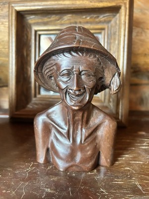 Vintage Hand Carved Bali Wood Bust Sculpture Indonesian Villager Folk Art