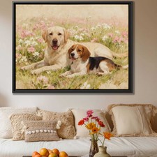 Labrador Framed Canvas Print Oil Painting Dog Artwork Floral Animal Decor