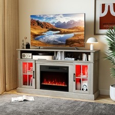 Entertainment Center for 65 Inch TV 148cm Fireplace TV Stand w/LED Lights-Grey