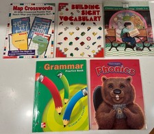 5 Mixed Elementary Grade English Language Arts Workbooks Grammar Vocab Phonics +