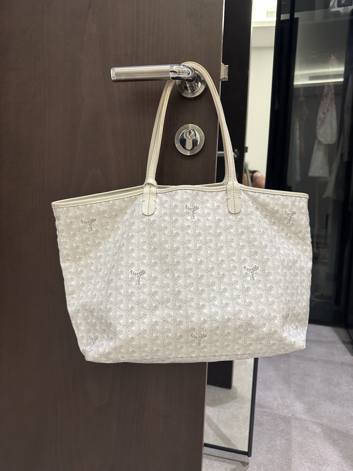 GOYARD Saint Louis PM Tote Bag Canvas Leather White Gray w/ Pouch Used authentic