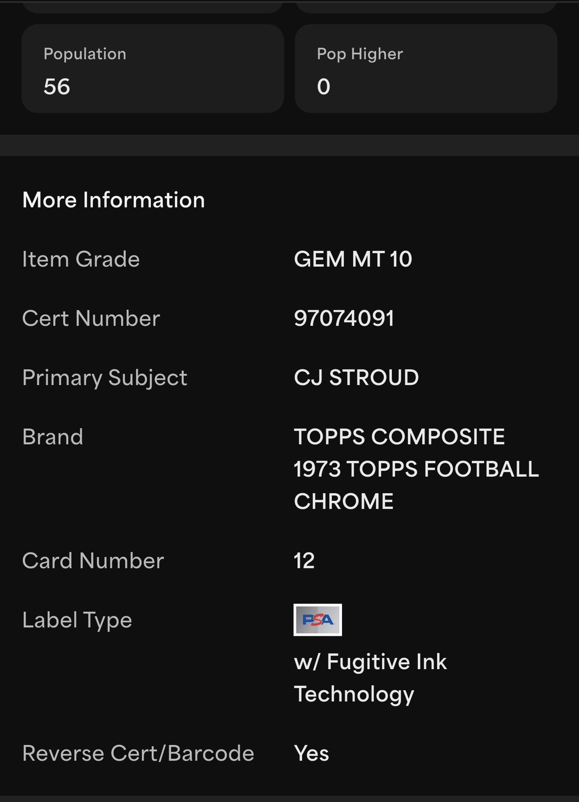 2023 Topps Composite CJ Stroud 1973 Topps FB Chrome Rookie #12 PSA 10 Gem  Mint view 3