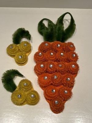 Vintage Chenille Pipe Cleaner Kitschy Fridge Magnet Fruit Veggies Lot Of 3