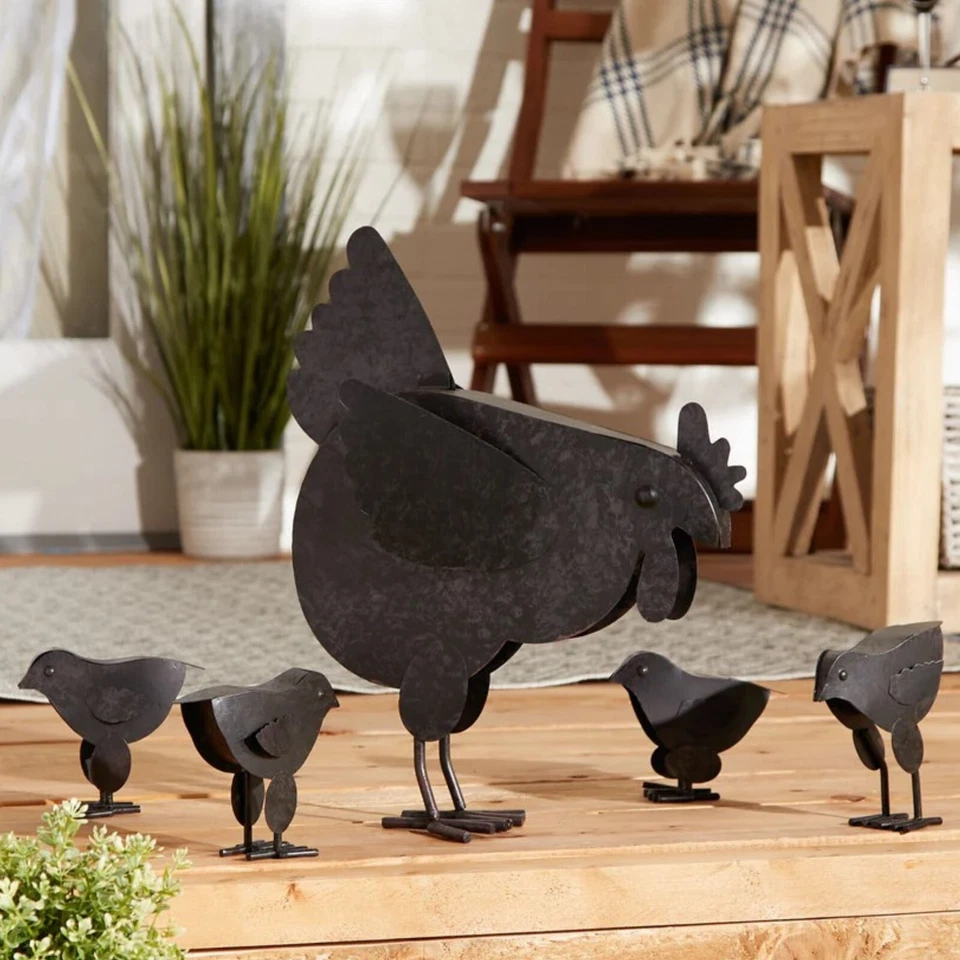 Pollitos de gallina de metal rústico jardín exterior escultura césped patio hogar patio arte decoración Foto 2 de 4