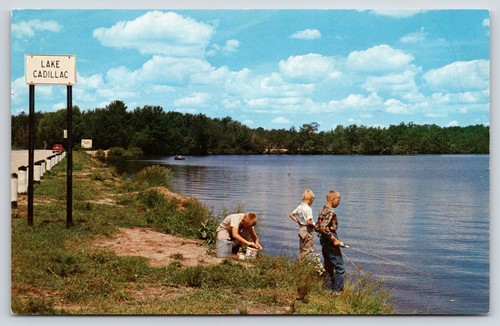 Cadillac Michigan~Boys Fishing On Lake Cadillac Below Sign~Bait Can~1950s PC