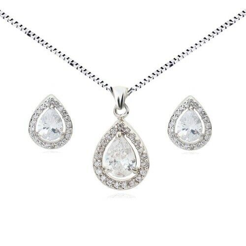 18K WHITE GOLD PLATED GENUINE CLEAR CUBIC ZIRCONIA NECKLACE AND EARRING SET - Picture 1 of 1