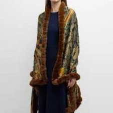 La Fiorentina brown blue Paisley rabbit fur scarf shawl poncho Made in Itlay