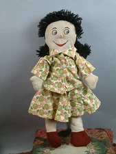 22" 1940s Vintage Smiling Cloth Doll With Protruding Nose Original Clothes