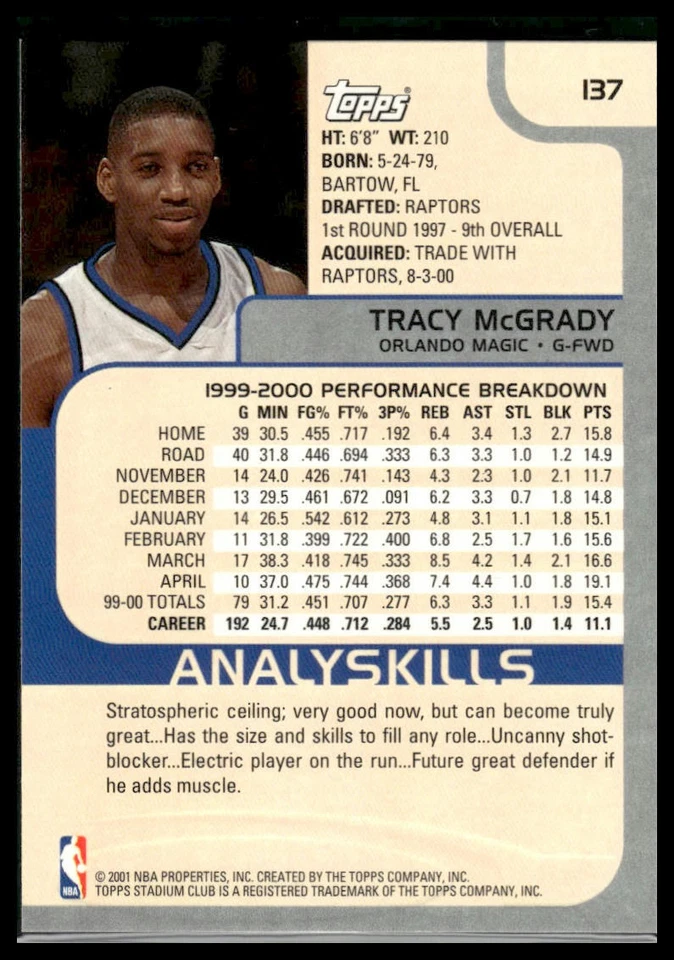 2000-01 Stadium Club #137 Tracy McGrady - Image 2 of 2