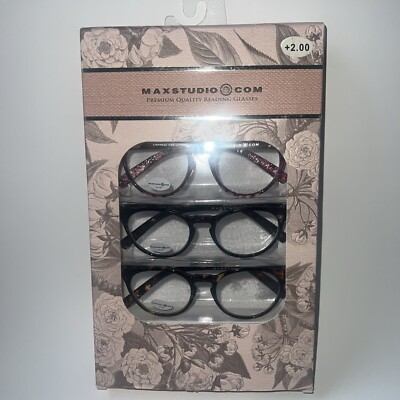 NIB +2.00 Box Set 3 Pairs MAXSTUDIO Studio Reading Glasses Readers