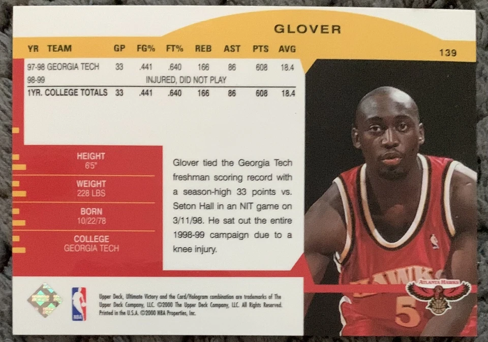 1999-00 UPPER DECK ULTIMATE VICTORY DION GLOVER HAWKS PARALLEL ROOKIE #5/100 1/1 - Image 2 of 3
