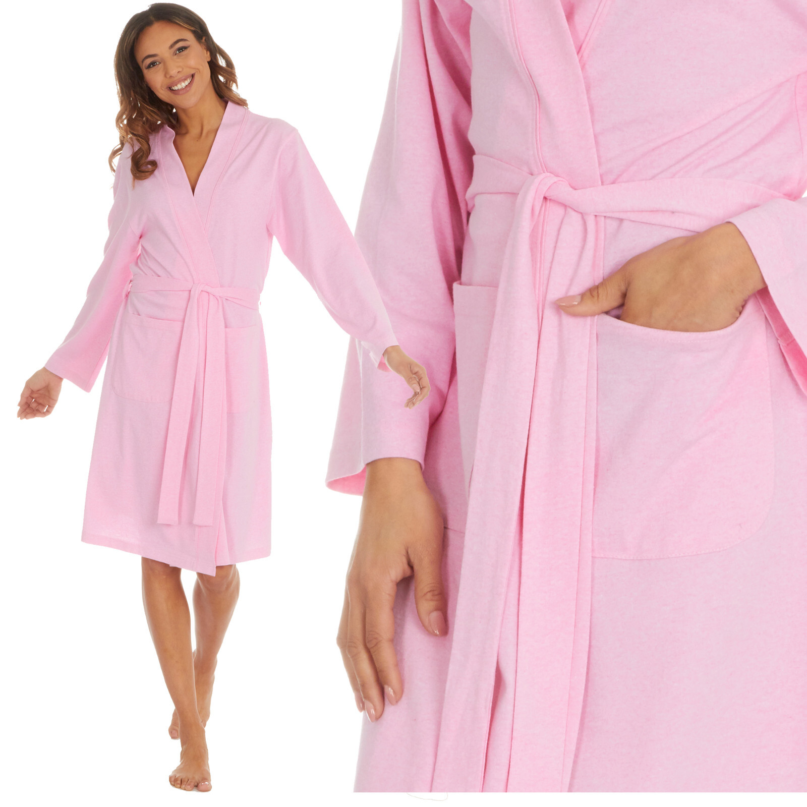 Ladies Jersey Dressing Gown Cotton Rich Long Sleeve Wrap Summer