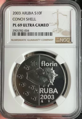 2003 Aruba 10 Florin Silver Proof NGC PF69 Ultra Cameo Conch Shell 2000 Mintage