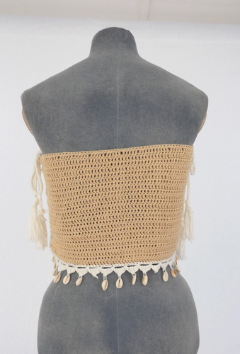 Crochet Beach Crop Top Bandeau Cover Up Tube Seashells Embellished Size UK 10 - 第 6/8 張圖片