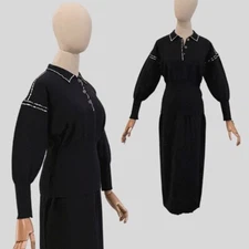 Vintage 80s Angelo Tarlazzi Knit Sweater Skirt Set Navy Blue