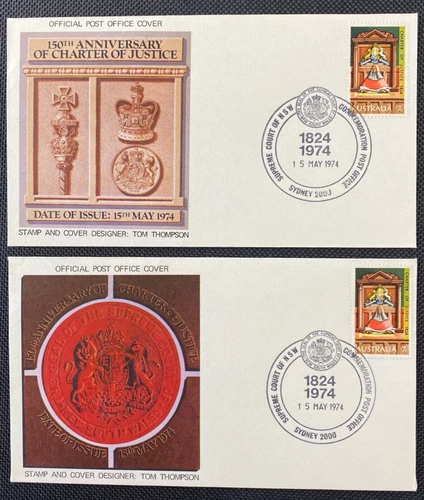 2x 1974 150th Anniversary Charter Of Justice Australia Post FDC First Day Covers