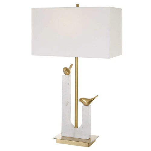 Contemporary Retro Two Bird Branch Table Lamp Marble Gold White 30 in x 17 Perch - Picture 1 of 7