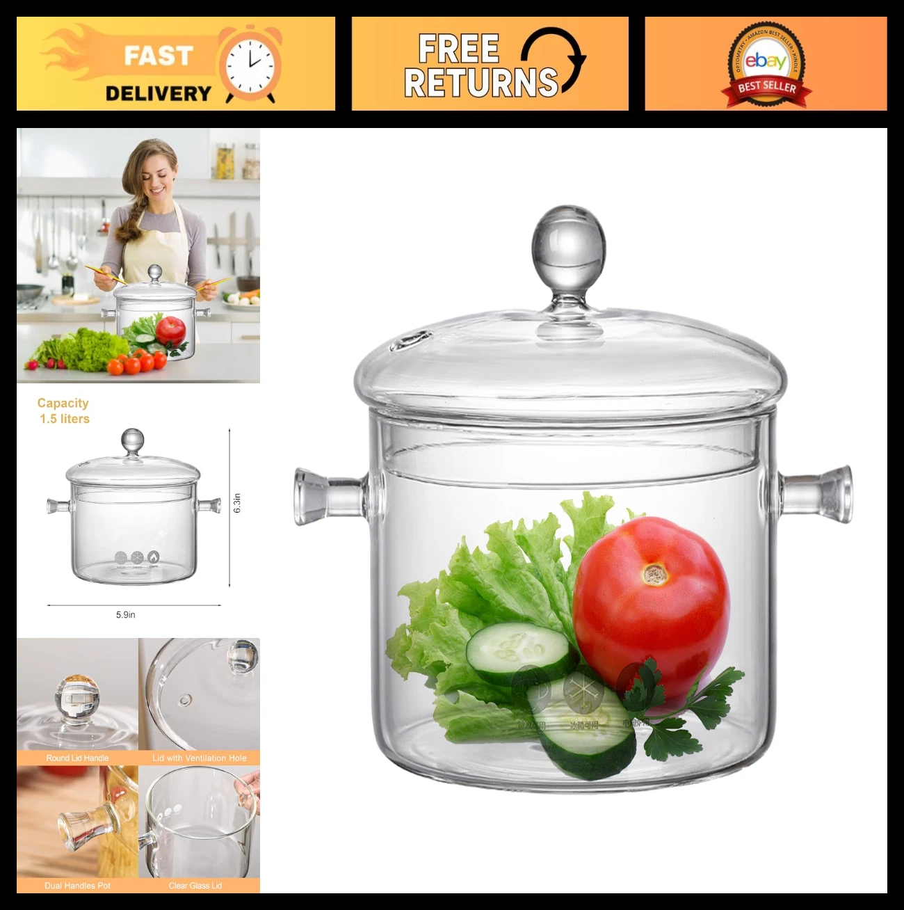 50 FL OZ Borosilicate Glass Saucepan with Lid - Clear Simmer Pot for Cooking, So