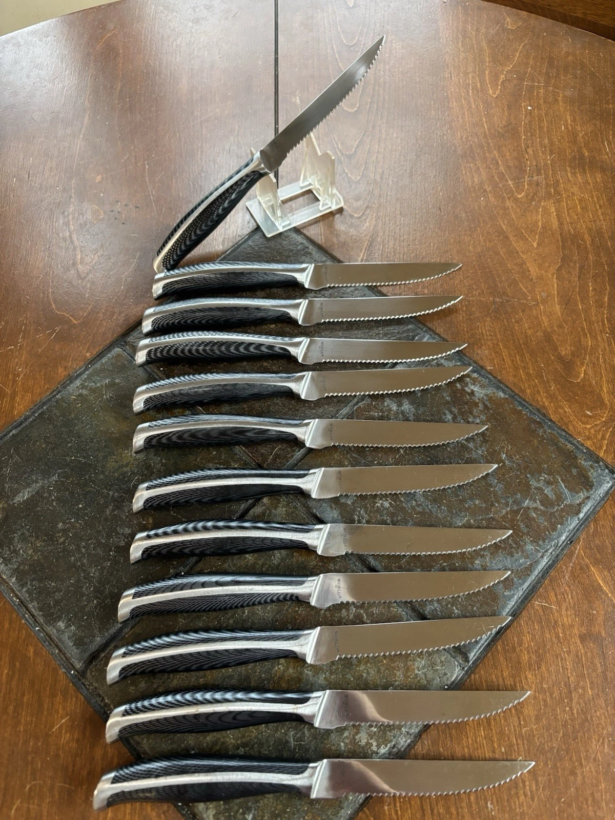 ONE WORLD 55 SERRATED STAINLESS STEEL STEAK KNIFE SET (12) POLISHED WOOD HANDLES