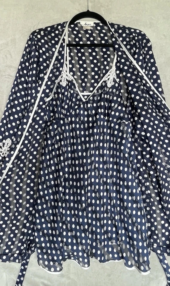 Vintage Josie Robe Set Small Blue Polka Dot Lingerie Babydoll Chemise Sheer Slip - Image 3 of 4