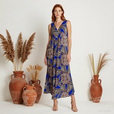 Evening Boho Maxi Dress Multi Geometric Jersey Empire V-Neck Sleeveless US 12
