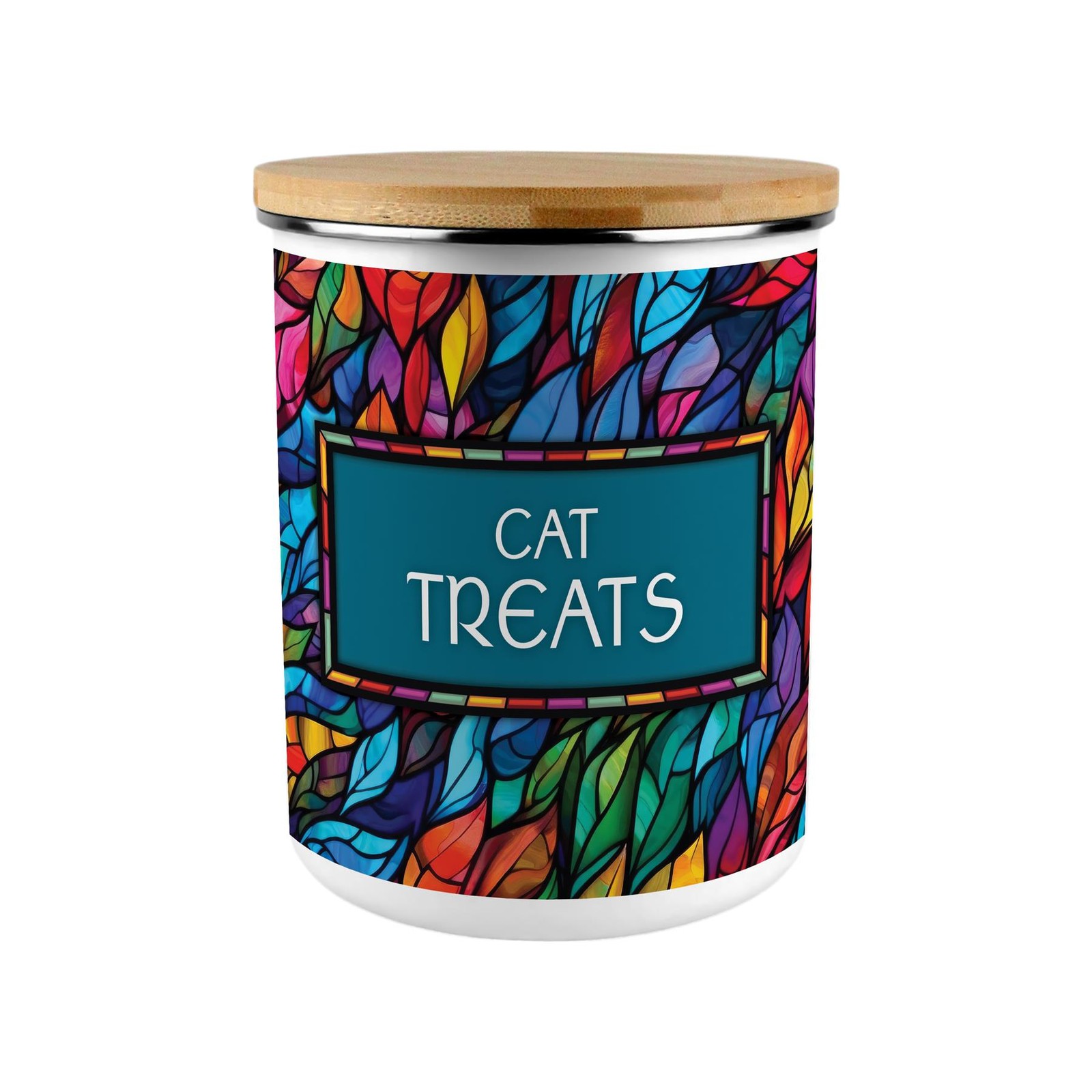 Stained Glass Patterned Cat Treats XL Canister - 2.7L Enamel Storage Gift