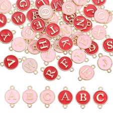 52 Pcs Letter Initial Charm A-Z Double Hanging Round Letter Charm Pink, Red