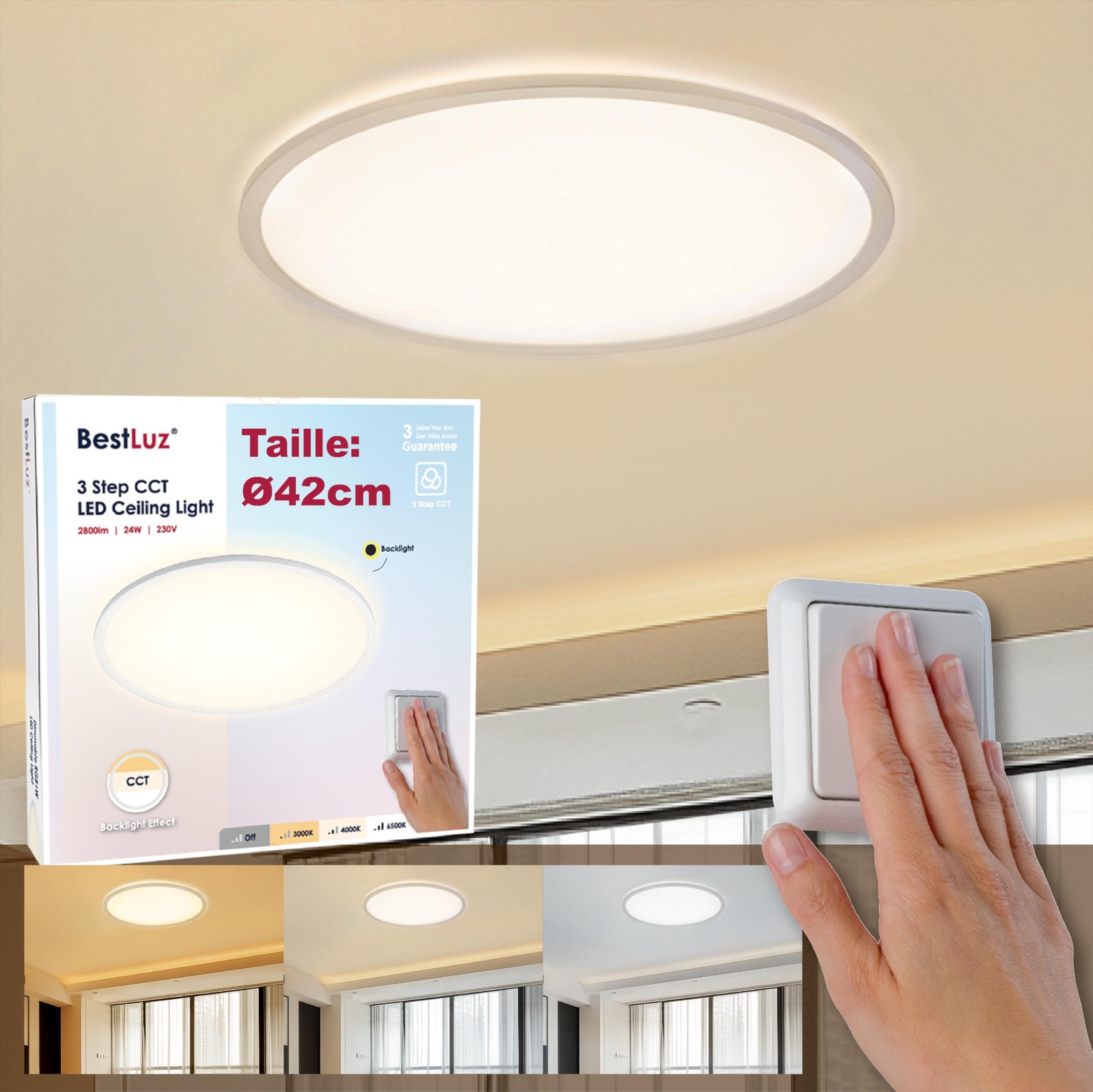 Plafonnier LED 2800LM avec 3 températures de couleur réglables