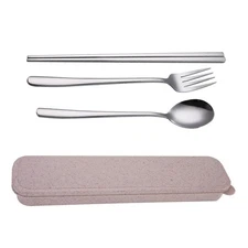 4 Pcs/Set Reusable Utensils Travel Stainless Chopsticks Steel Spoons