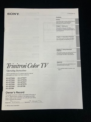 1993 SONY TRINITRON KV-27TS29 COLOR TV 59 PAGE ORIGINAL OWNER'S MANUAL