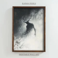 Wendigo in the Mist, Printable Dark Fantasy Gothic Print, Moody Cryptid Wall Art