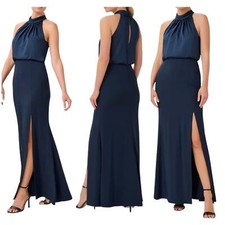 Adrianna Papell NWT Halter Blouson Evening Gown Dark Navy Size 14 Satin Crepe