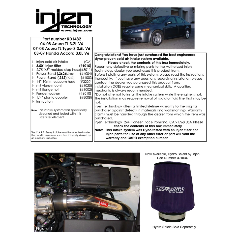Entrada de aire frío Injen RD1482BLK para 03-07 Accord 3,0 L / 04-08 Acura TL 3,2 L 3,5 L Foto 3 de 4