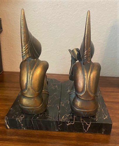 Pair of 2 Art Deco Vintage GERDAGO JB Hirsch Bronze & Marble Pixie Bookends - Picture 4 of 8