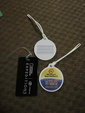 Three Nice luggage tags from Disney D23 Expo 2024 - 1 Nat Geo and 2 WDW Radio