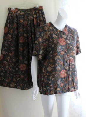 Charter Club 14 16 Floral Rayonne Challis Gris Chemisier Jupe Set Costume XL - Photo 1/4
