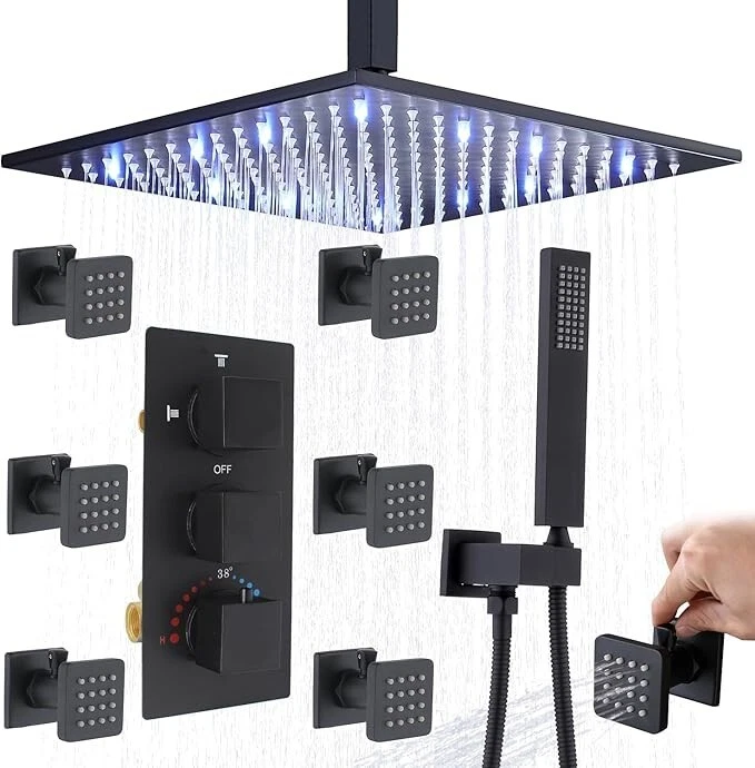 Juego de Grifo de Ducha LED Cabezal de Lluvia Combo Válvula Mezcladora Termostática con Chorros de Masaje Foto 4 de 4