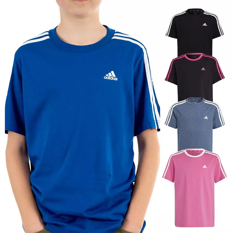ADIDAS 3 Stripe Kids T Shirts Boys Crew Neck Short Sleeve Soft Cotton Summer Tee