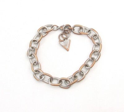 7.25'' GUESS Silver-T/Copper-T Textured Links Cable Chain Charm Bracelet 9mm Wide