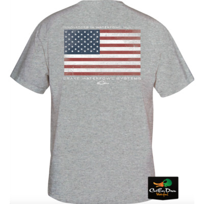 NEW DRAKE WATERFOWL AMERICAN FLAG LOGO S/S T-SHIRT TEE ATHLETIC HEATHER 2XL